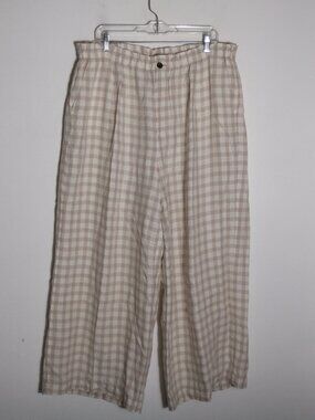 Lou & Grey 100% Linen Gingham Wide Leg High Rise Pants XL Beige Pull On Boho
